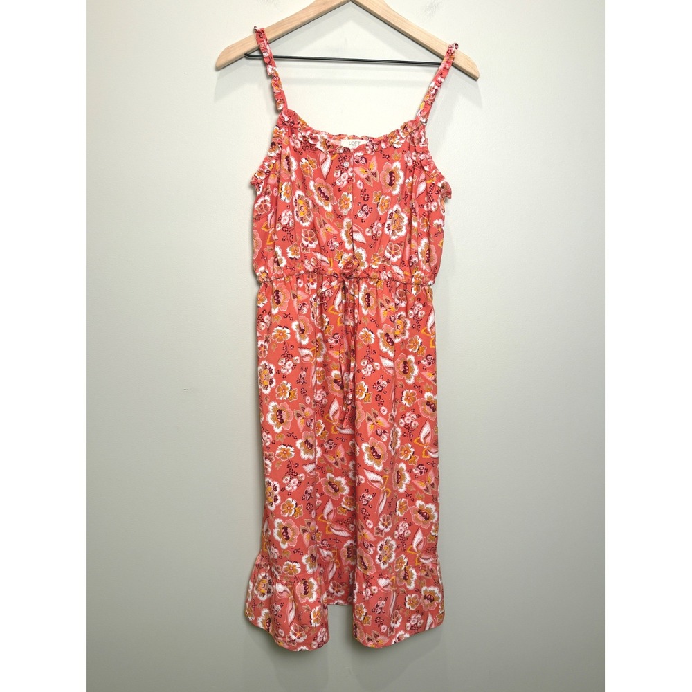 Loft Outlet 6 Petite Midi Sun Dress Coral Pink Butterfly Floral Ruffle Garden - Picture 1 of 9